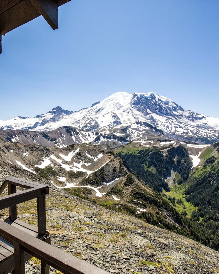 Big snowy Mt. Rainier from a fire lookout.